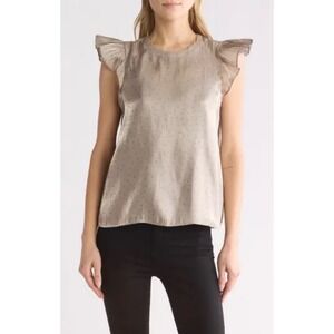 1 State Womens Top Size S Gray Metallic Polka Dot Ruffle‎ Sleeve Flutter Blouse